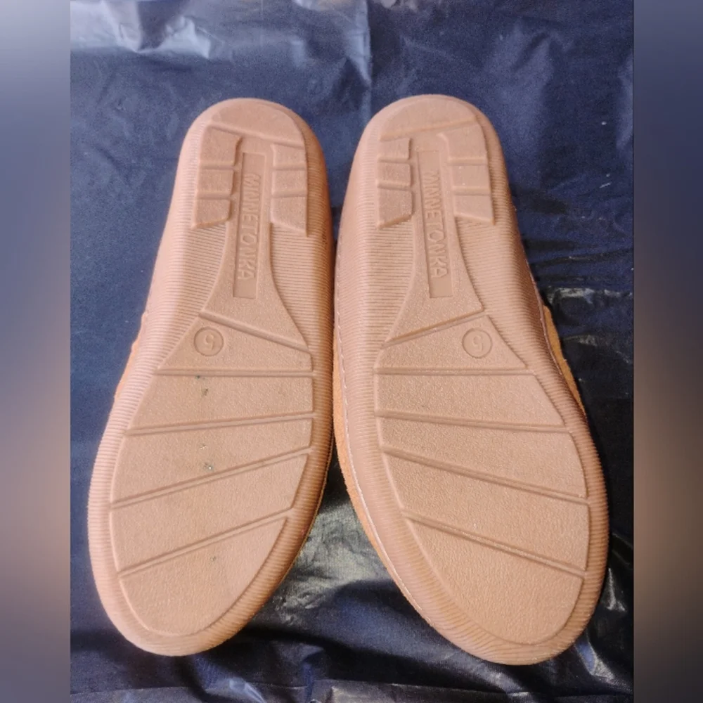 Minnetonka Brown Suede Moccasins with White Trim